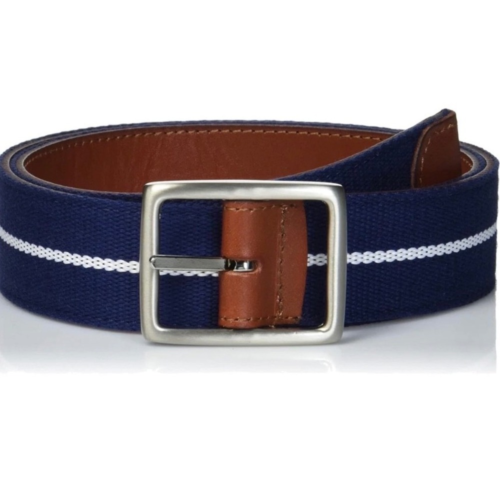 Navy Blue White Stripe Webbed Belt Italian 100% Leather Back Men 34 Coastal Prep